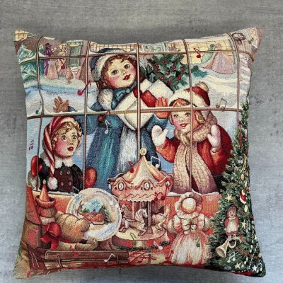Gobelinowa świąteczna poszewka na poduszkę z motywem sklepu z zabawkami 45x45 cm