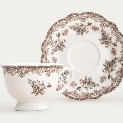 Porzellantasse mit Untertasse „Braune Blüten“, 200 ml