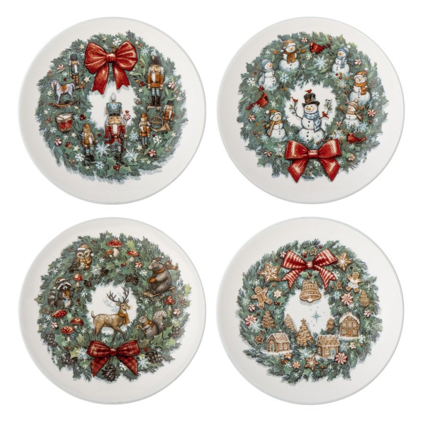 Sada 4 kusů kameninových talířů Vánoční věnce 12,5 cm