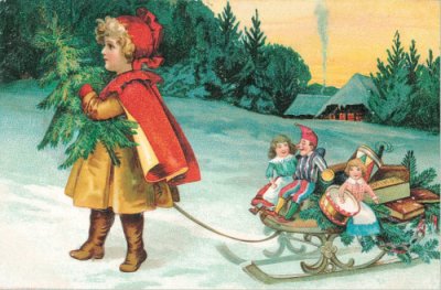 Christmas Postcard Girl with Sleigh