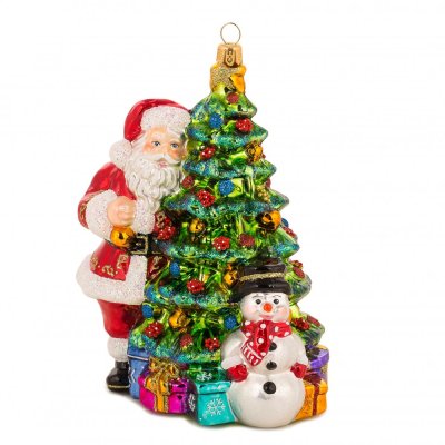 Sběratelská skleněná ozdoba na stromeček Santa se sněhulákem u vánočního stromu 18 cm