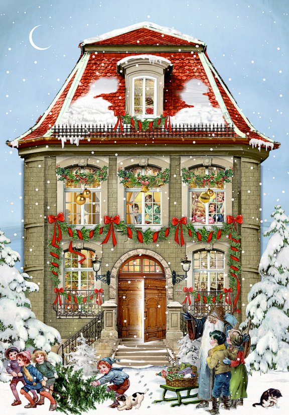 Pohlednicový mini adventní kalendář Vánoční domek 11,5x16,5 cm