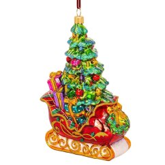 Sběratelská skleněná ozdoba na stromeček Saně s vánočním stromečkem