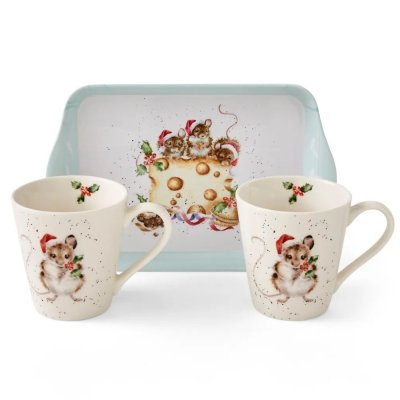 Sada porcelánových hrnčekov s podšálkou Vianočné myšky 180 ml