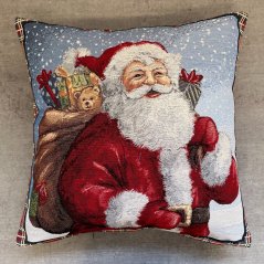 Gobelínová vianočná obliečka na vankúš s motívom Santa s taškou s darčekmi 45x45 cm