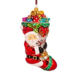 Collectible glass tree ornament Sock with Santa and reindeer
