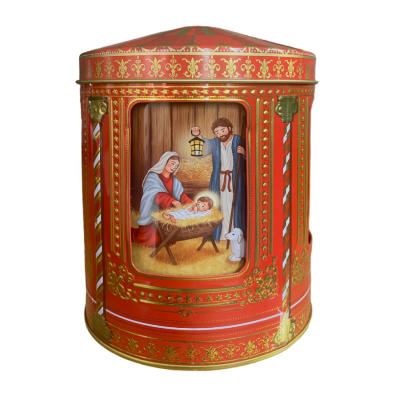 Plechová dóza s hrací skříňkou "V Betlémě"