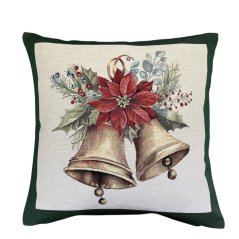 Gobelínová vianočná obliečka na vankúš s motívom zvončeka - zelená 45x45 cm
