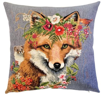 Gobelinowa poszewka na poduszkę Fox z kwiatową dekoracją szara 45x45 cm