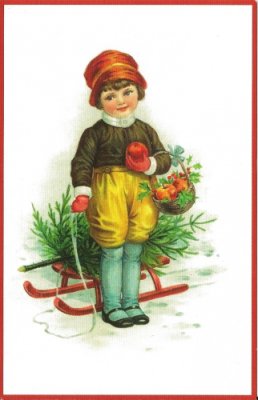 Christmas card Child with sleigh