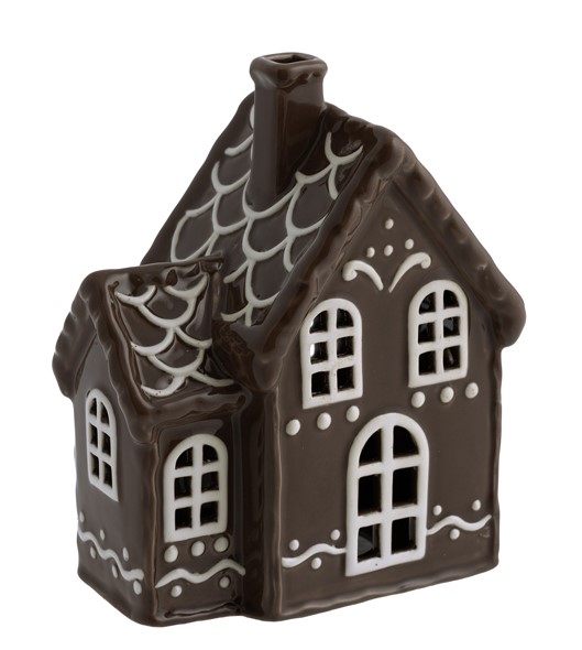Ceramic candle holder House - Gingerbread house brown glossy 15 cm