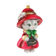 Sběratelská skleněná ozdoba na stromeček Kočka s kabelkou