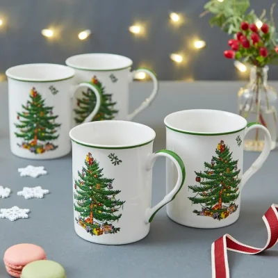 Set of porcelain mugs Retro Christmas tree 4 pcs