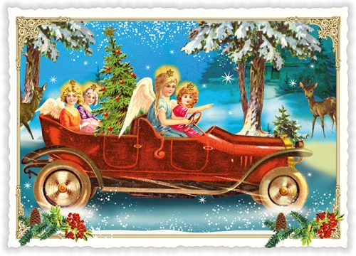 Christmas card Angels in a car 15 x 10,5 cm