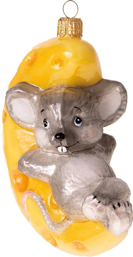 Sběratelská skleněná ozdoba na stromeček Myška na sýrovém měsíci