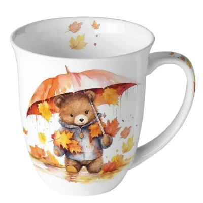 Porcelánový hrnček „Jeseň“ – Medvedík s dáždnikom, 400 ml