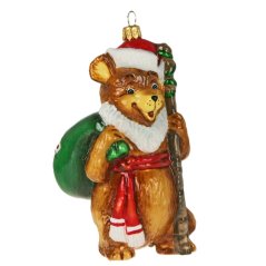 Sběratelská skleněná ozdoba na stromeček Medvěd s pytlem dárků
