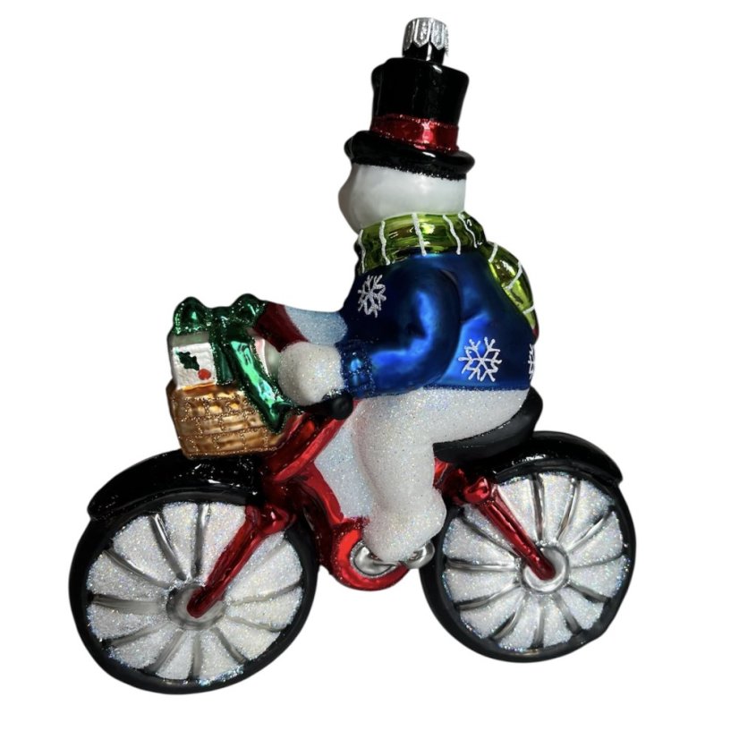 Sběratelská skleněná ozdoba na stromeček Sněhulák na kole