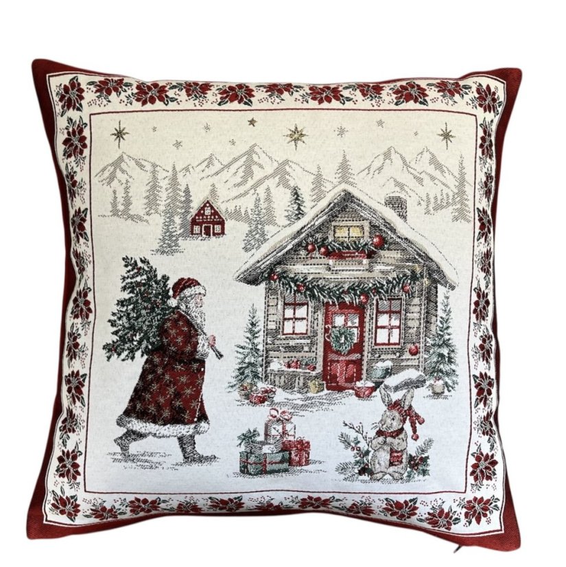 Žakárový vánoční povlak na polštář s motivem Santa se stromkem 50x50 cm