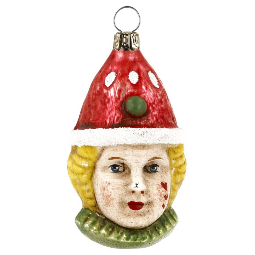 Zberateľská sklenená ozdoba na stromček Klaun s červeným klobúkom - vintage