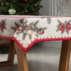 Tapestry Christmas tablecloth with Christmas ribbons