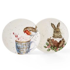 Sada vianočných porcelánových tanierov Králik a robin 16,5 cm 2 ks