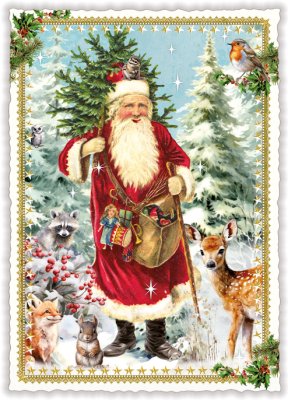 Christmas card Santa with Christmas tree 10,5 x 15 cm