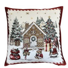 Žakárová vianočná obliečka na vankúš s motívom Perníkový domček 50x50 cm
