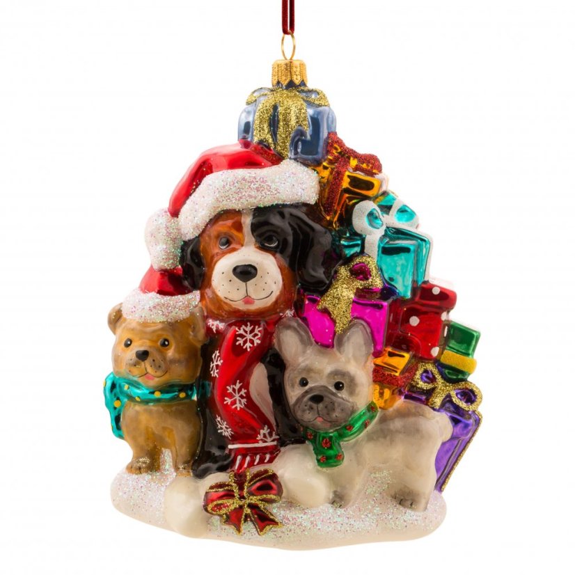 Collectible glass tree ornament Dogs and pile of gifts 14 cm