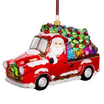 Sběratelská skleněná ozdoba na stromeček Santa veze dárky