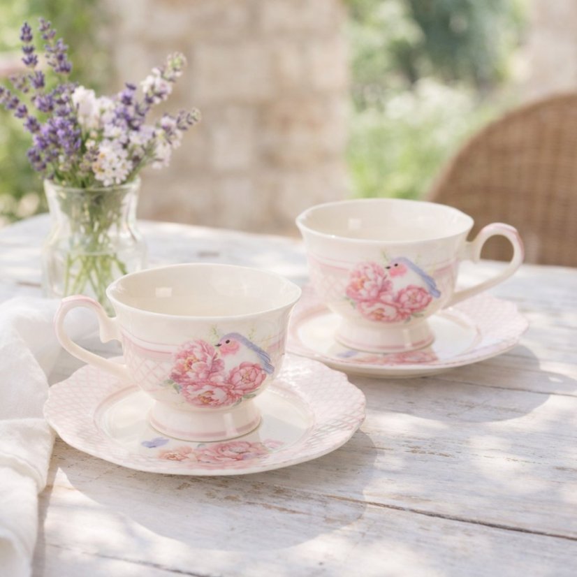 Sada dvou porcelánových šálků s podšálkem Pivoňky 220 ml