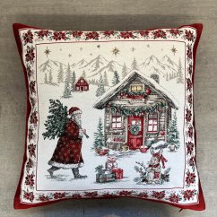 Žakárový vánoční povlak na polštář s motivem Santa se stromkem 50x50 cm