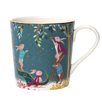 Porcelánový hrnek s 22karátovým zlatem Zimní magie - Sáně s králíky 340 ml