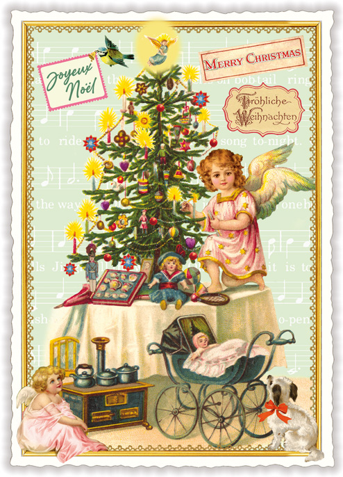 Christmas postcard Angels at the Christmas tree 10,5 x 15 cm