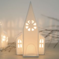 Porzellan-Kerzenhalter Haus - Kirche 22 cm
