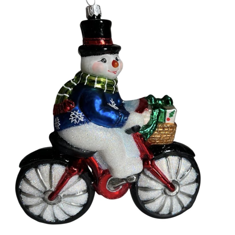 Sběratelská skleněná ozdoba na stromeček Sněhulák na kole