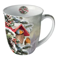 Porcelánový vianočný hrnček Vtáky pri kŕmidle 400 ml
