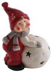 LED candle holder Boy with snowball 15 cm