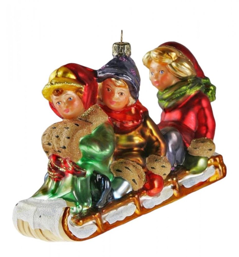 Collectible glass ornament for Christmas tree Children on sleigh