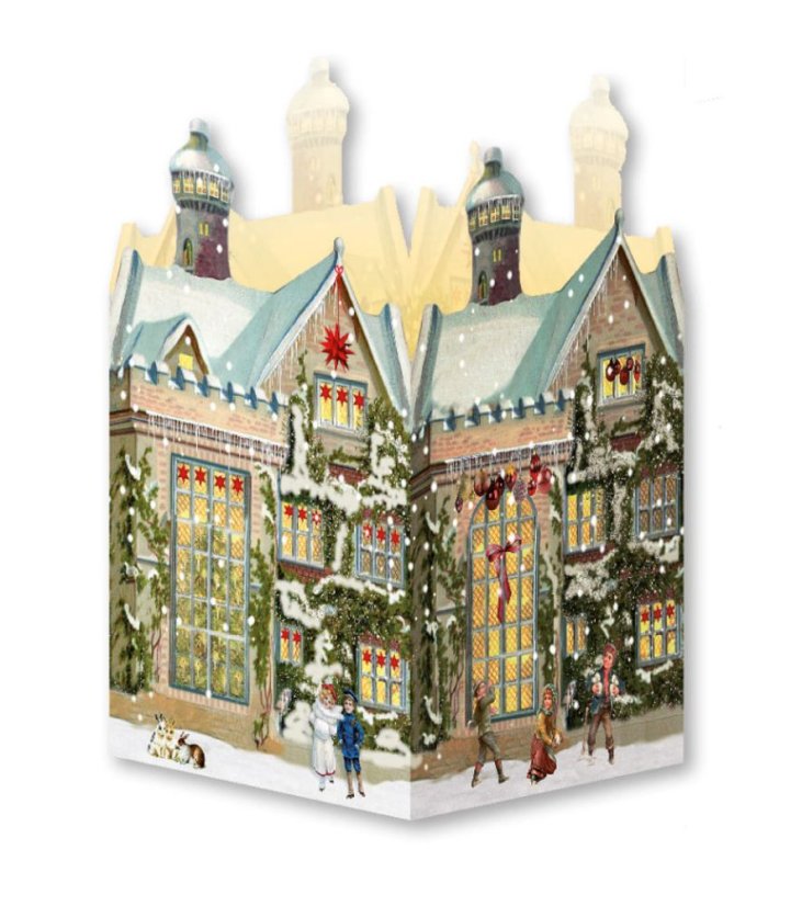 Postkarte Mini-Adventskalender mit Laterne Nostalgisches Weihnachtshaus 16,5 x 11,5 cm