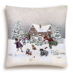 Gobelínová vianočná obliečka na vankúš s motívom Zimná zábava 45x45 cm