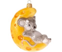 Zberateľská sklenená ozdoba na stromček Myš na syrovom mesiaci