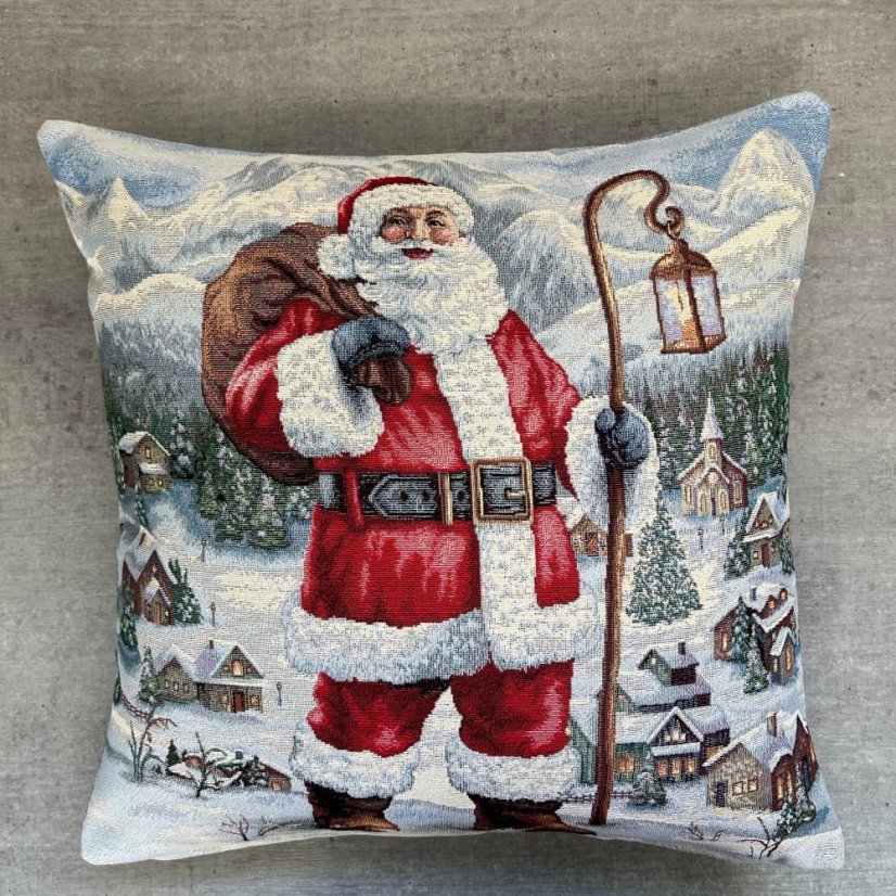 Gobelínový vánoční povlak na polštář s motivem Santa s lucernou 45x45 cm