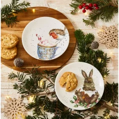 Sada vánočních porcelánových talířů Králík a červenka 16,5 cm 2 ks