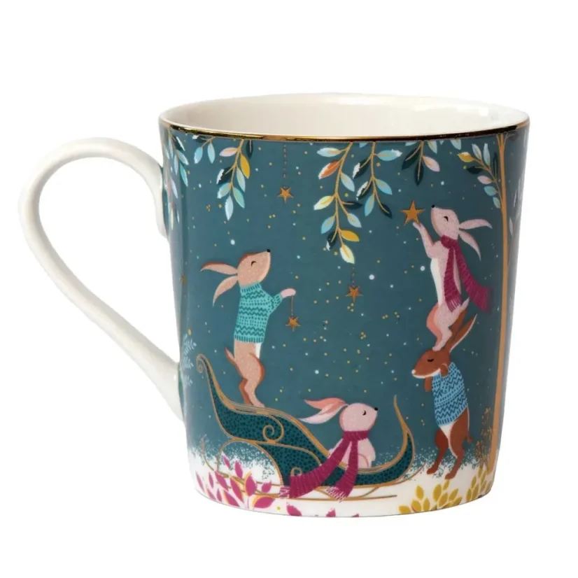 Porcelain mug with 22k gold Winter magic - Sleigh with rabbits 340 ml