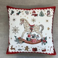 Žakárová vianočná obliečka na vankúš s motívom hojdacieho koňa 50x50 cm