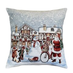 Gobelínová vianočná obliečka na vankúš s motívom Snow City 45x45 cm