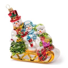 Sběratelská skleněná ozdoba na stromeček Sněhuláci na saních