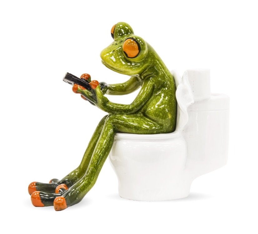 Soška Žaba na toaletě s telefonem