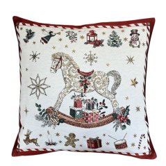Žakárová vianočná obliečka na vankúš s motívom hojdacieho koňa 50x50 cm